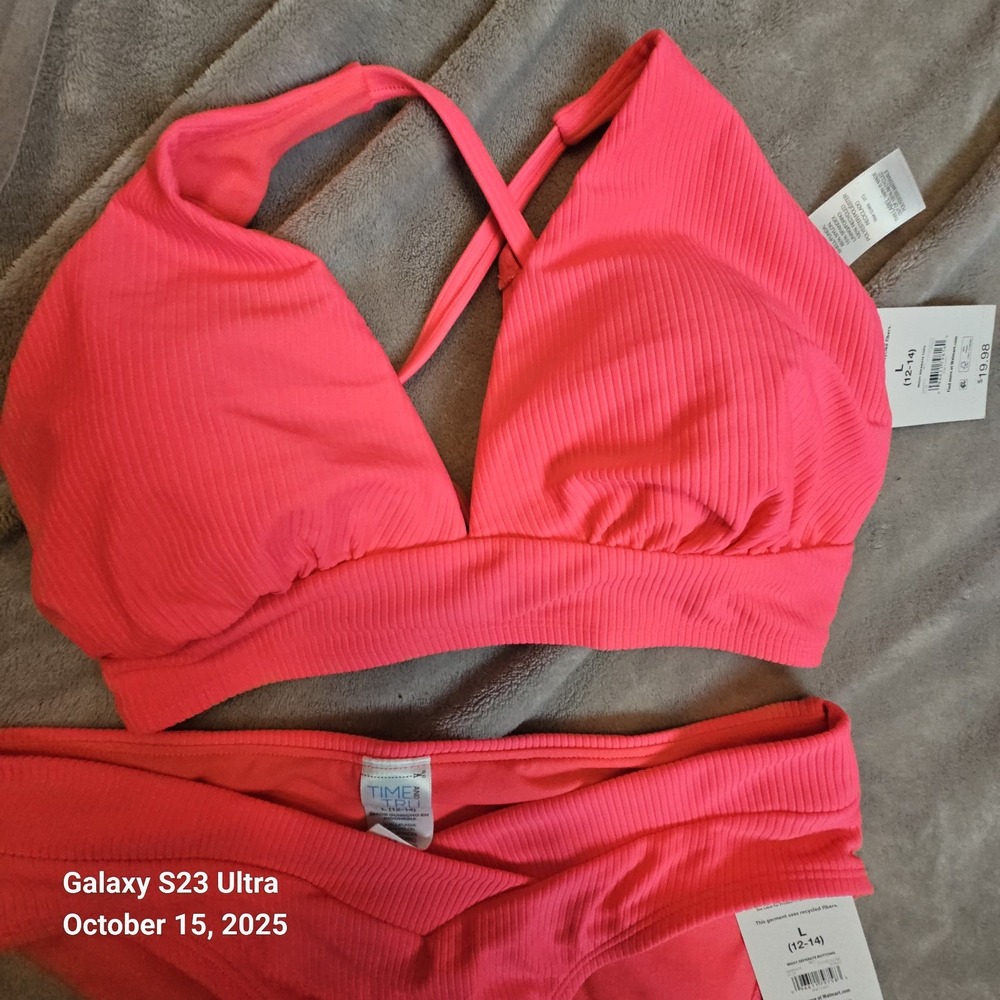 NWT Time And Tru Women's Bikini Set Coral Ribbed Large Mid Rise - Picture 2 of 9